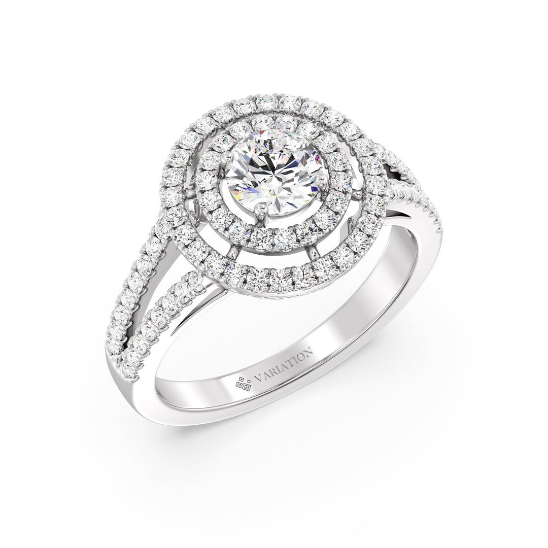 Round Brilliant Cut Lab Grown Diamond Double Halo Engagement Ring in 18K White Gold