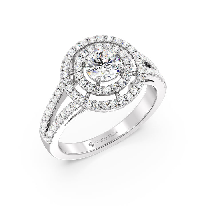 Round Brilliant Cut Lab Grown Diamond Double Halo Engagement Ring in 18K White Gold