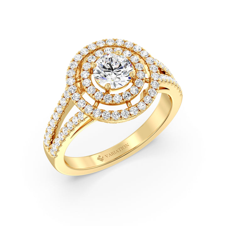 Round Brilliant Cut Lab Grown Diamond Double Halo Engagement Ring in 18K Yellow Gold