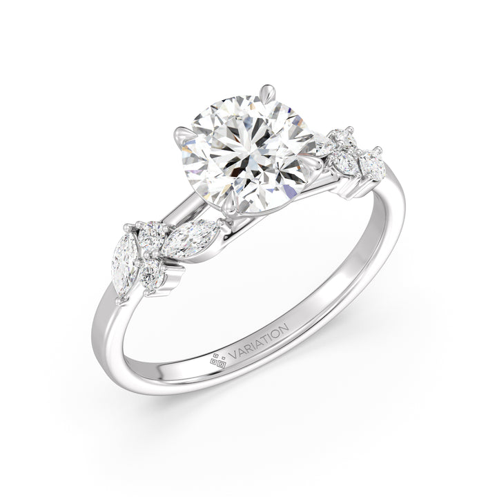 Round Brilliant Cut Lab Grown Diamond Engagement Ring with Marquise and Round Accents in 18K White Gold