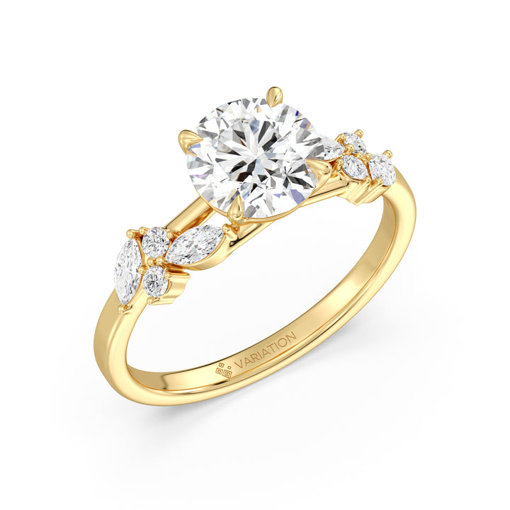 Round Brilliant Cut Lab Grown Diamond Engagement Ring with Marquise and Round Accents in 18K Yellow Gold