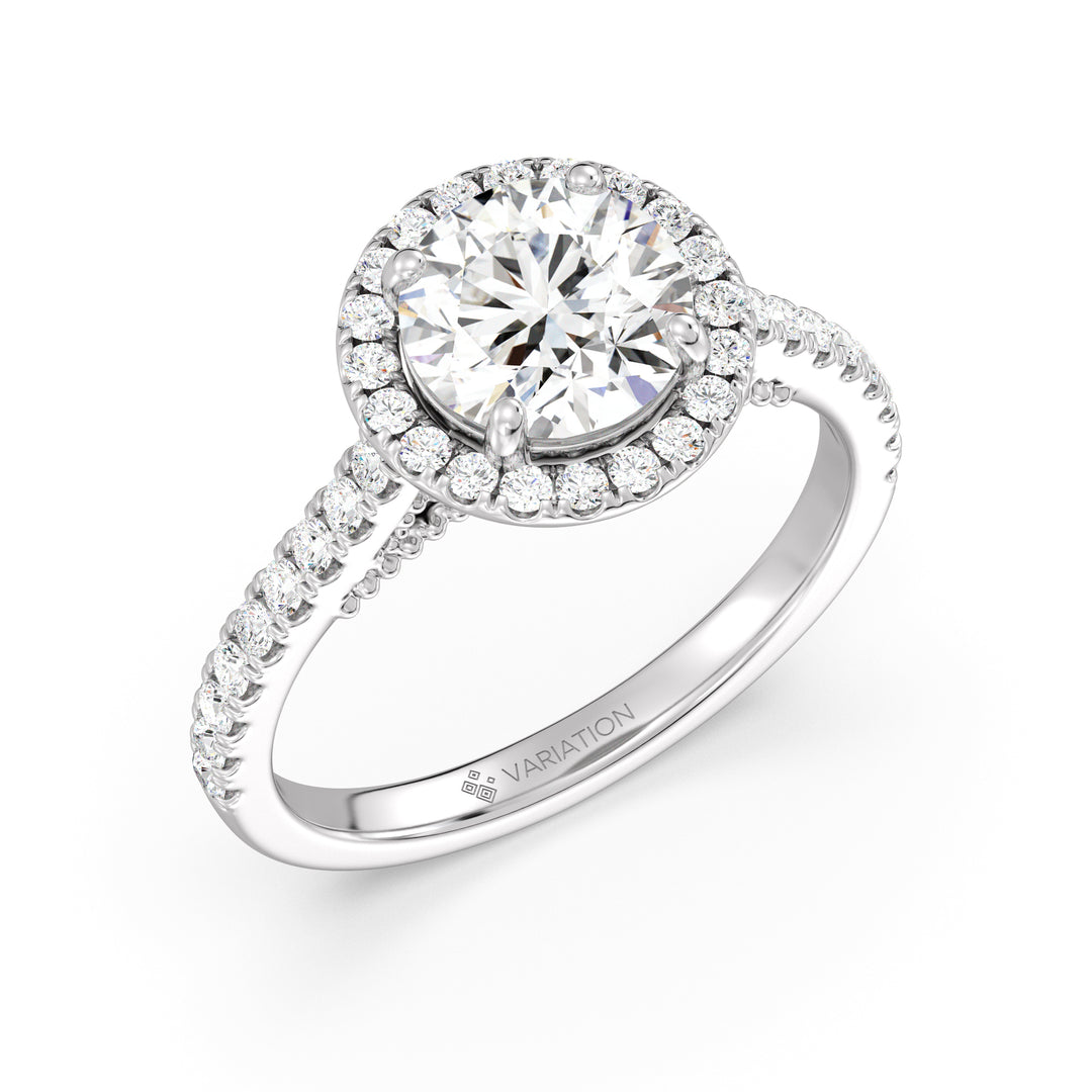 Round Brilliant Cut Lab Grown Diamond Halo Engagement Ring with Scalloped Halo in 18K White Gold