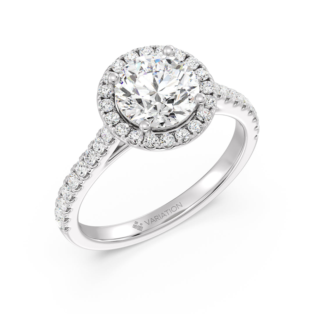 Round Brilliant Cut Lab Grown Diamond Halo Engagement Ring with Scalloped Halo in 18K White Gold
