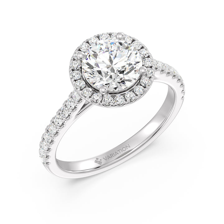 Round Brilliant Cut Lab Grown Diamond Halo Engagement Ring with Scalloped Halo in 18K White Gold