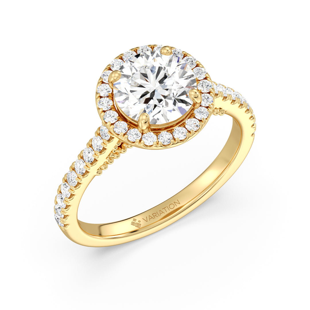 Round Brilliant Cut Lab Grown Diamond Halo Engagement Ring with Scalloped Halo in 18K Yellow Gold