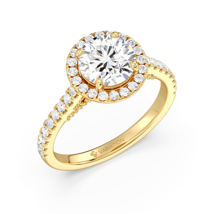 Round Brilliant Cut Lab Grown Diamond Halo Engagement Ring with Scalloped Halo in 18K Yellow Gold
