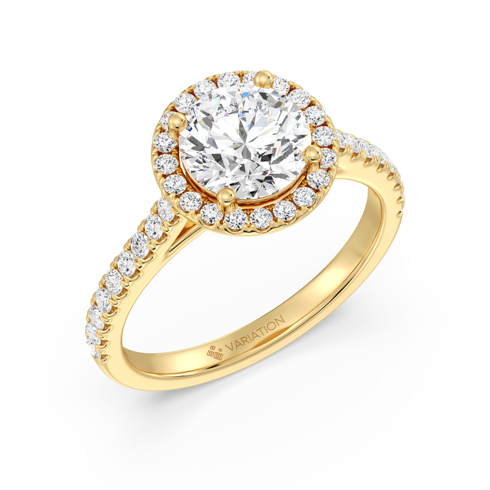 Round Brilliant Cut Lab Grown Diamond Halo Engagement Ring with Scalloped Halo in 18K Yellow Gold
