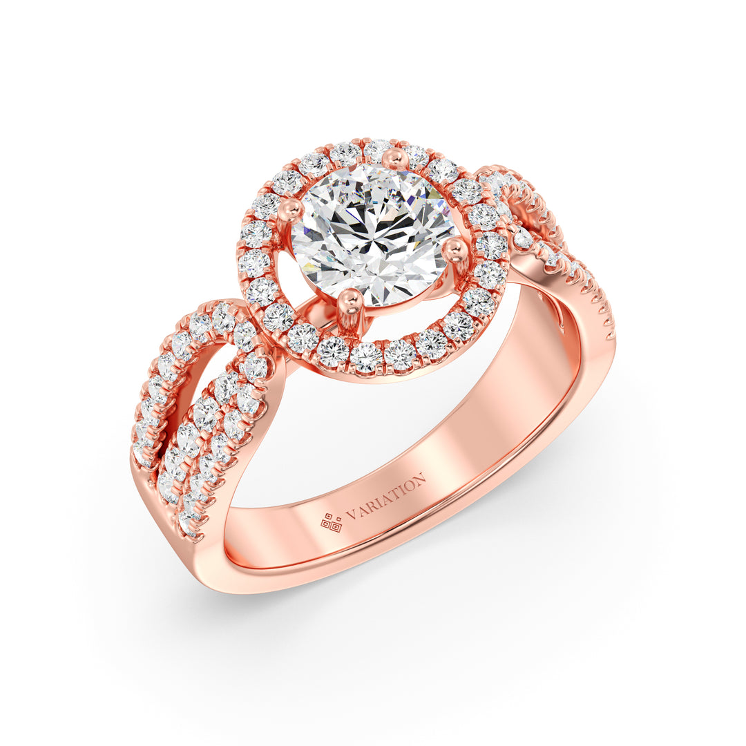 Round Brilliant Cut Lab Grown Diamond Halo Engagement Ring with Split Shank in 18K Rose Gold