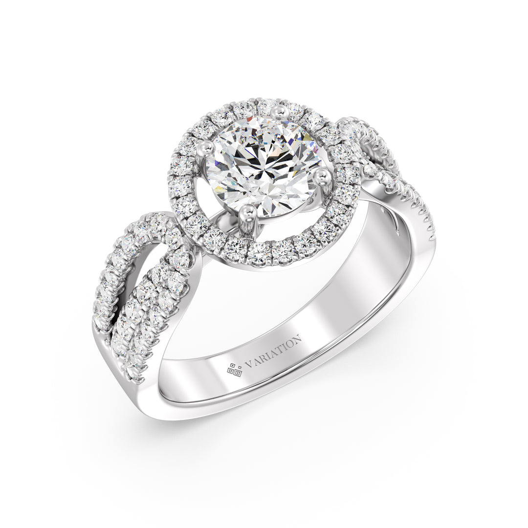 Round Brilliant Cut Lab Grown Diamond Halo Engagement Ring with Split Shank in 18K White Gold