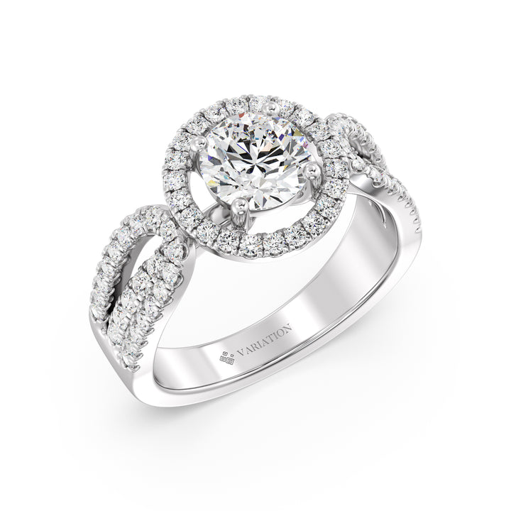 Round Brilliant Cut Lab Grown Diamond Halo Engagement Ring with Split Shank in 18K White Gold