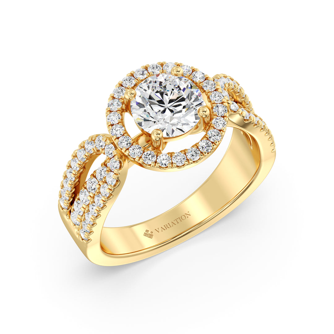 Round Brilliant Cut Lab Grown Diamond Halo Engagement Ring with Split Shank in 18K Yellow Gold