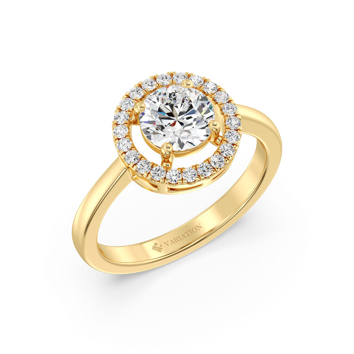 Round Brilliant Cut Lab Grown Diamond Halo Engagement Ring in 18K Yellow Gold