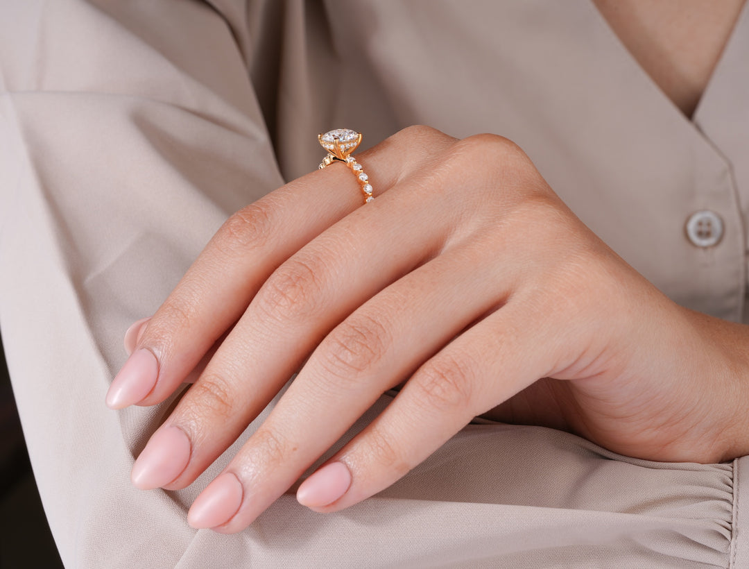 Round Brilliant Cut Lab Grown Diamond Hidden Halo Engagement Ring in 18K Gold