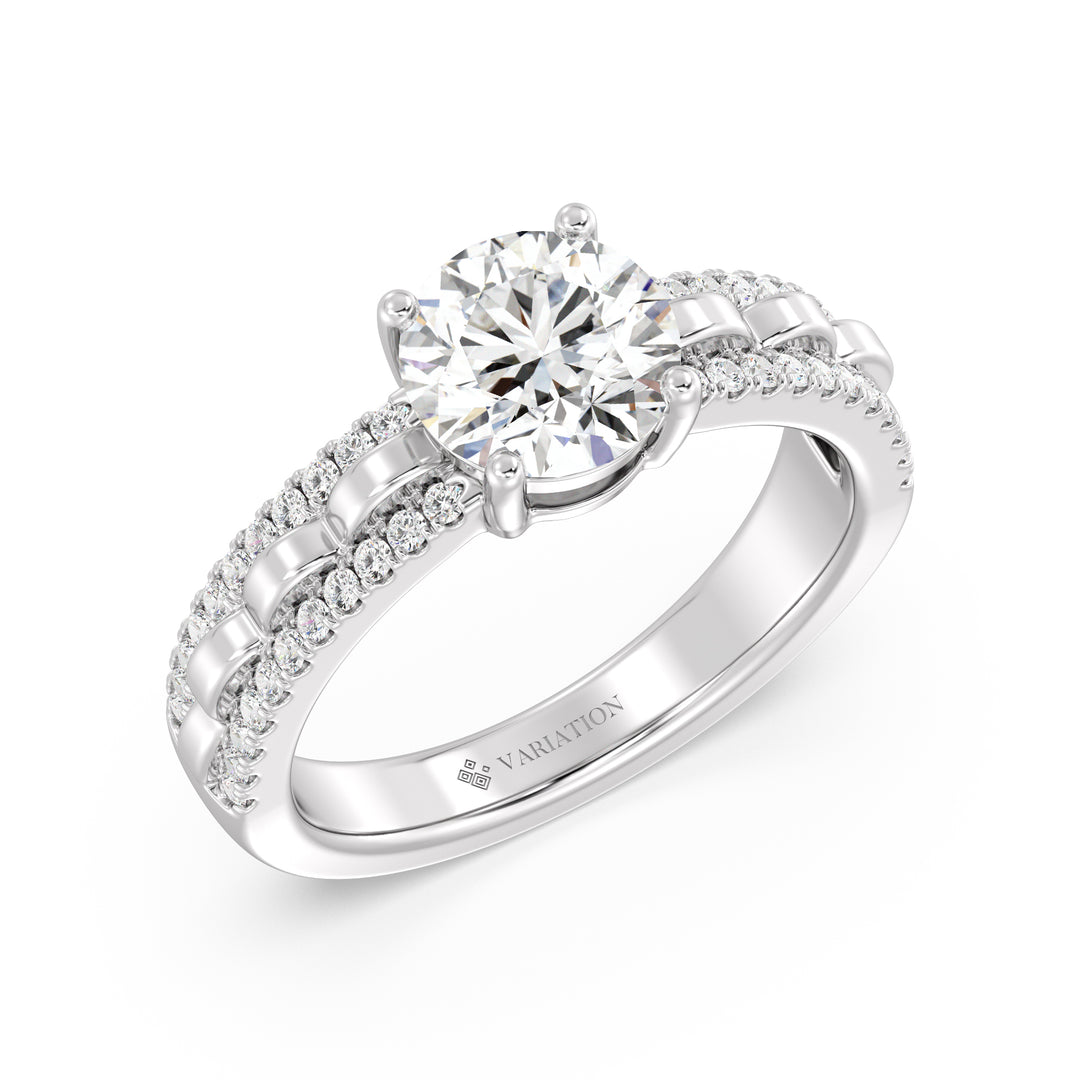Round Brilliant Cut Lab Grown Diamond Solitaire Engagement Ring with Double-Row Pavé Shank in 18K White Gold