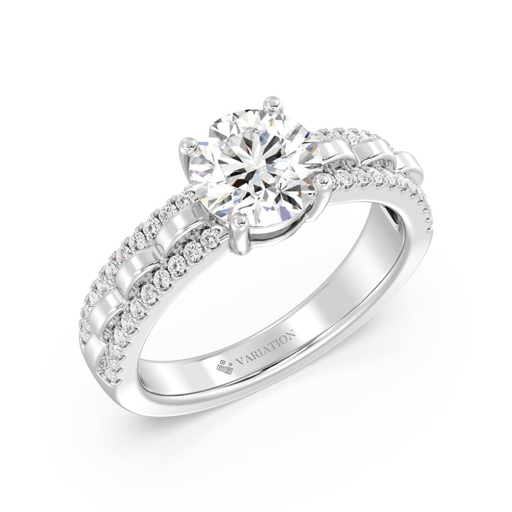 Round Brilliant Cut Lab Grown Diamond Solitaire Engagement Ring with Double-Row Pavé Shank in 18K White Gold