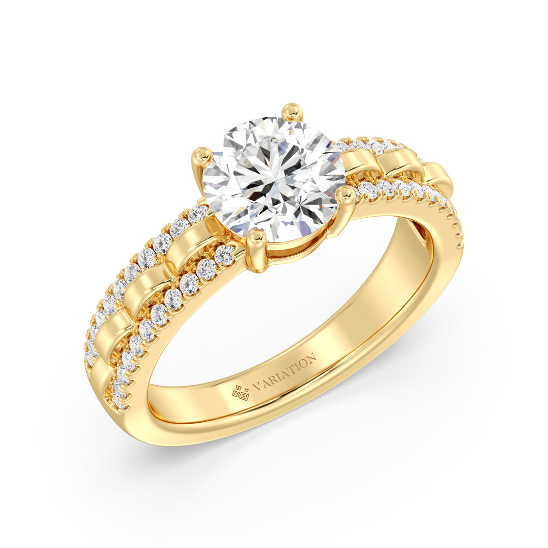 Round Brilliant Cut Lab Grown Diamond Solitaire Engagement Ring with Double-Row Pavé Shank in 18K Yellow Gold