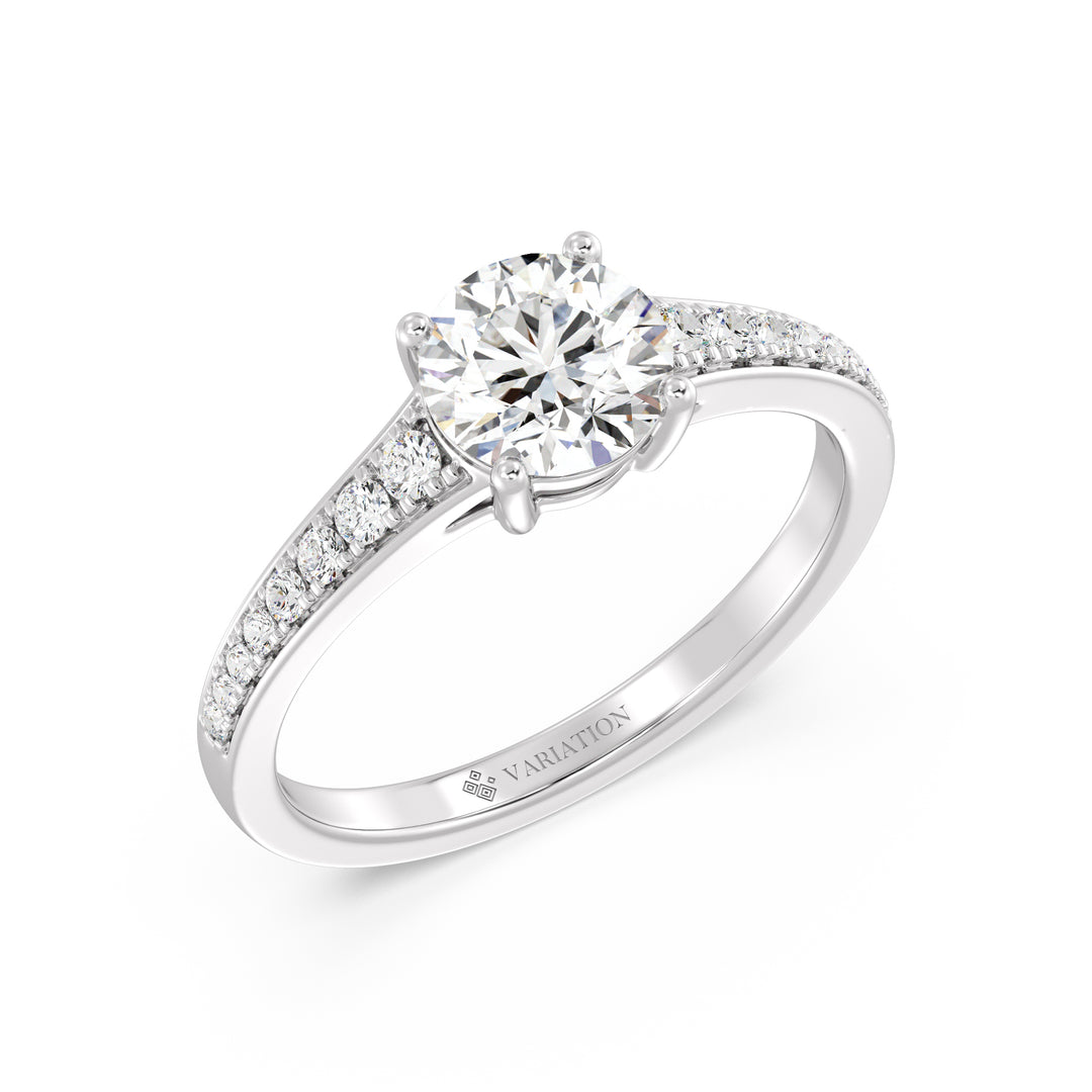Round Brilliant Cut Lab Grown Diamond Solitaire Engagement Ring with Graduated Diamond Band in 18K White Gold