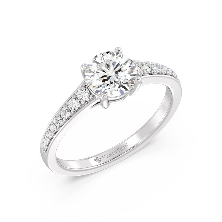 Round Brilliant Cut Lab Grown Diamond Solitaire Engagement Ring with Graduated Diamond Band in 18K White Gold
