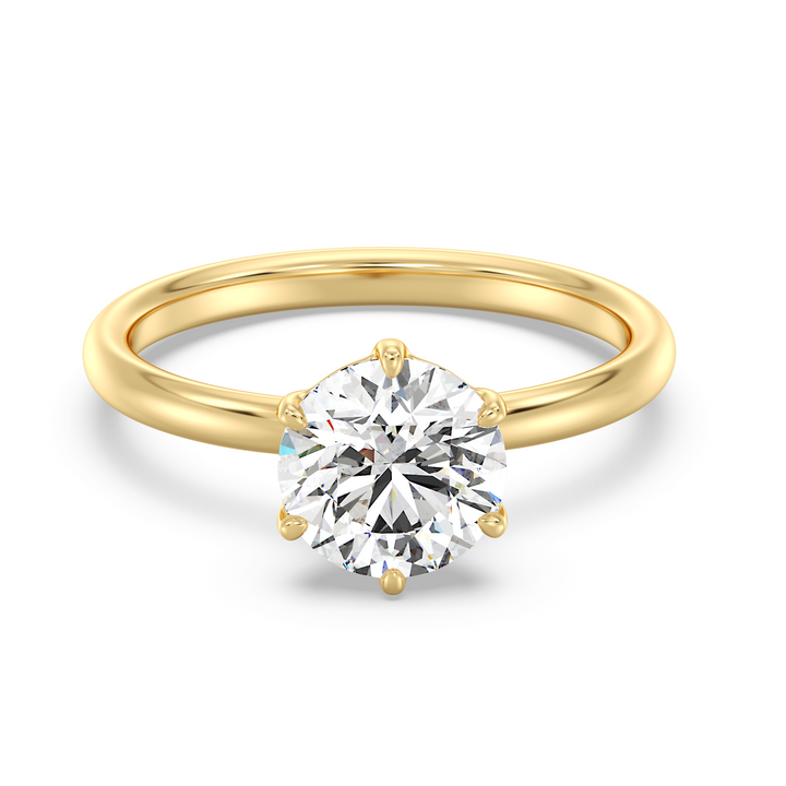 Round brilliant cut lab grown diamond solitaire ring in 18K yellow gold featuring an IGI certified diamond in a classic 6-prong setting.