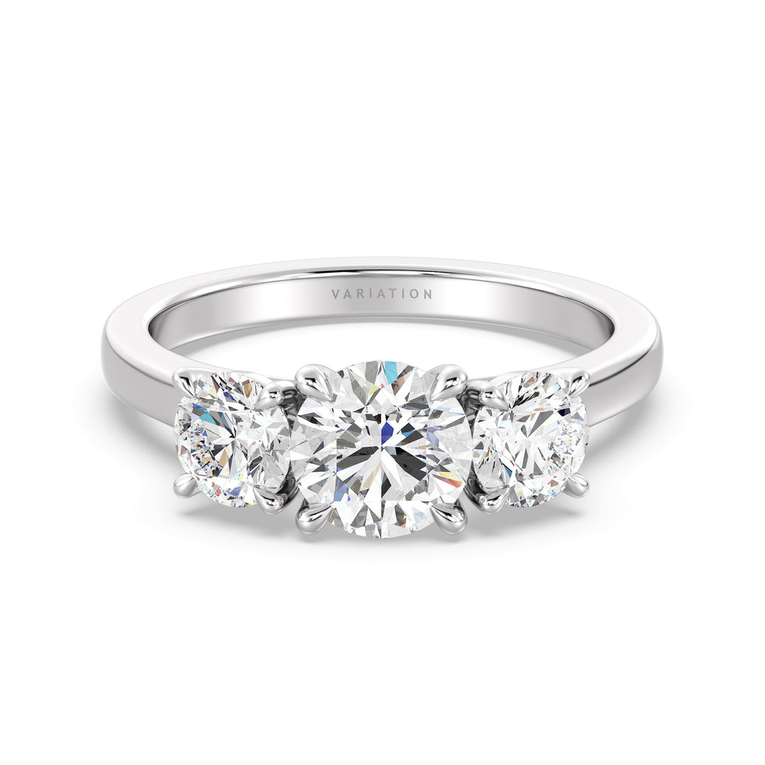 Round Brilliant Cut Lab Grown Diamond Three Stone Ring in 18K White Gold