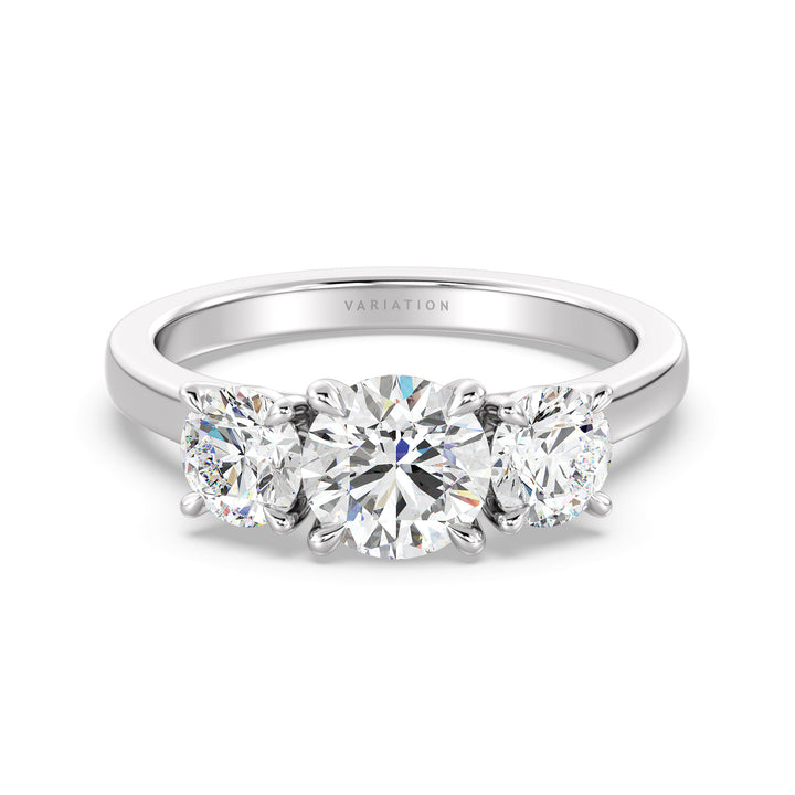 Round Brilliant Cut Lab Grown Diamond Three Stone Ring in 18K White Gold