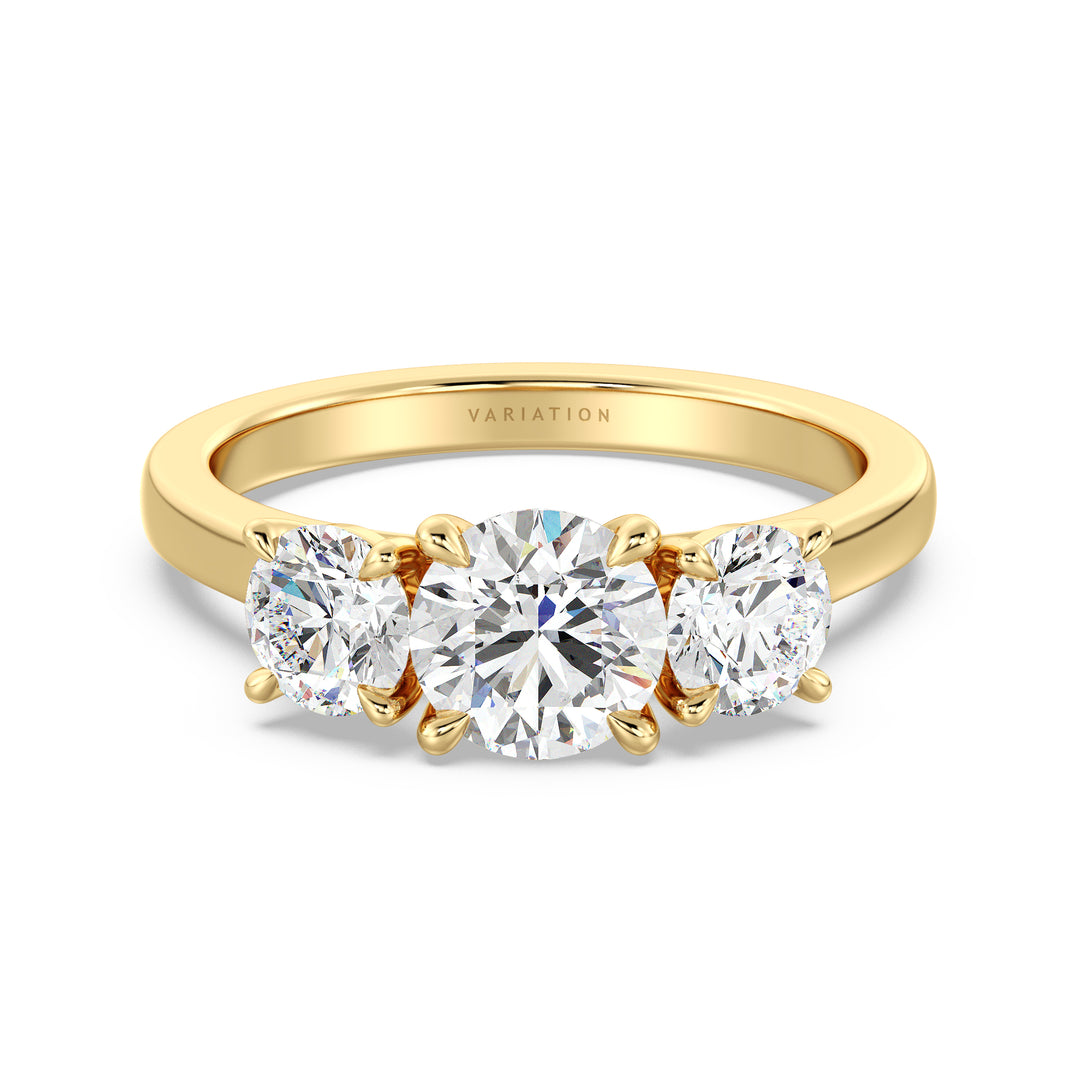 Round Brilliant Cut Lab Grown Diamond Three Stone Ring in 18K Yellow Gold