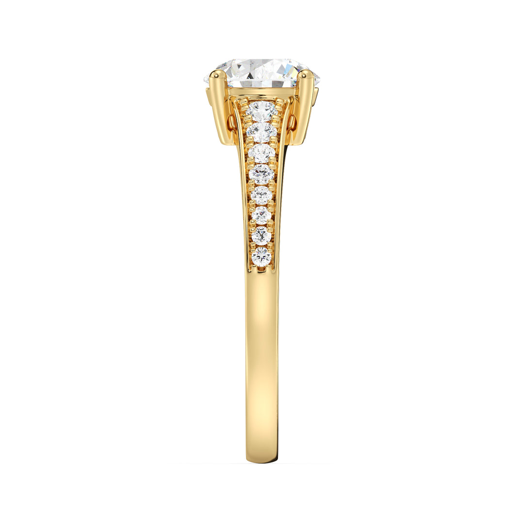 Round Brilliant Diamond Engagement Ring with Tapered Pavé Accent Band in 18K Yellow Gold