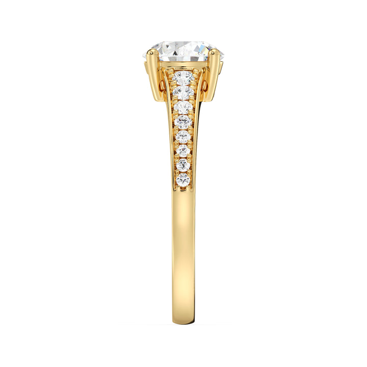 Round Brilliant Diamond Engagement Ring with Tapered Pavé Accent Band in 18K Yellow Gold