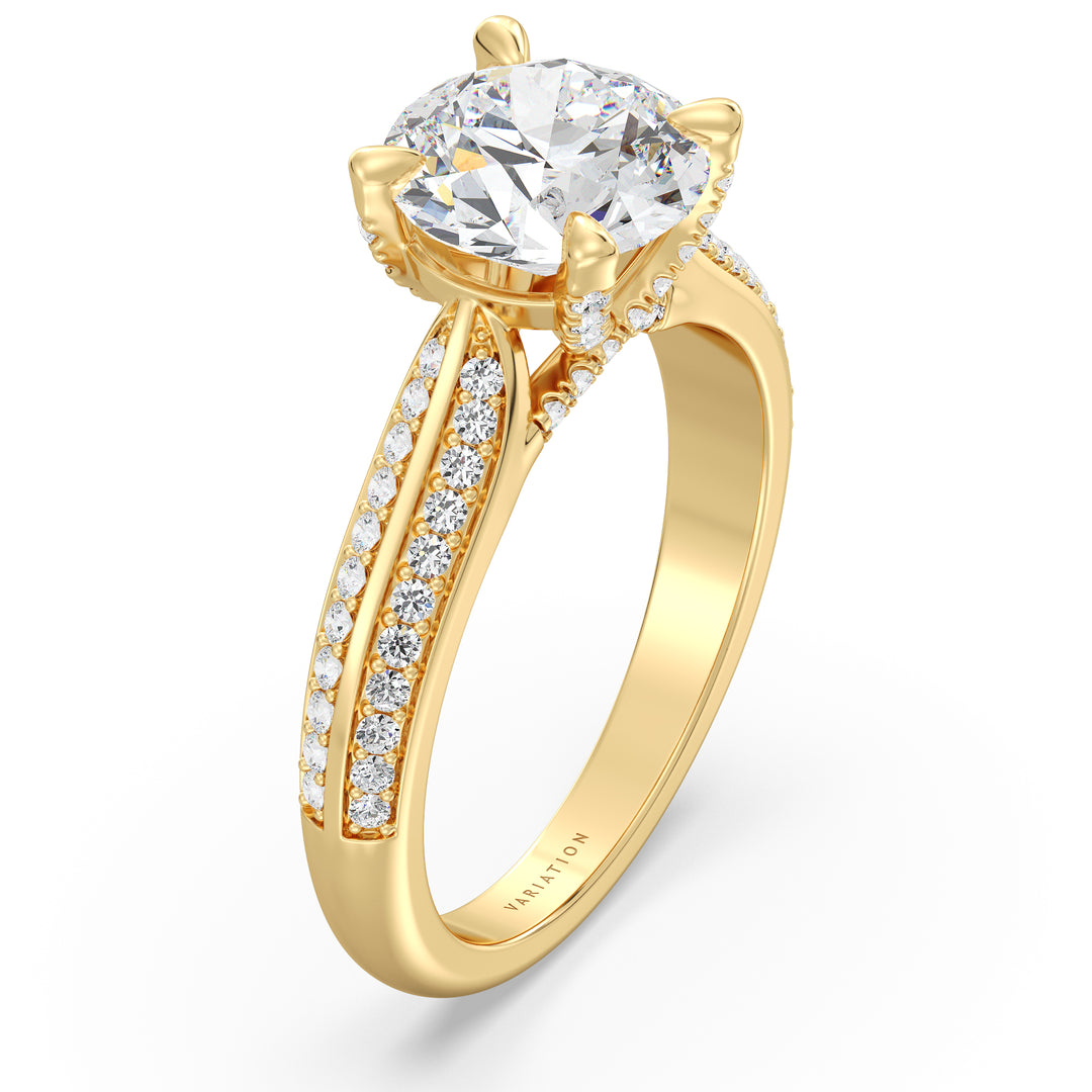 Round Brilliant Diamond Halo Ring with Pavé Set Band in Yellow Gold