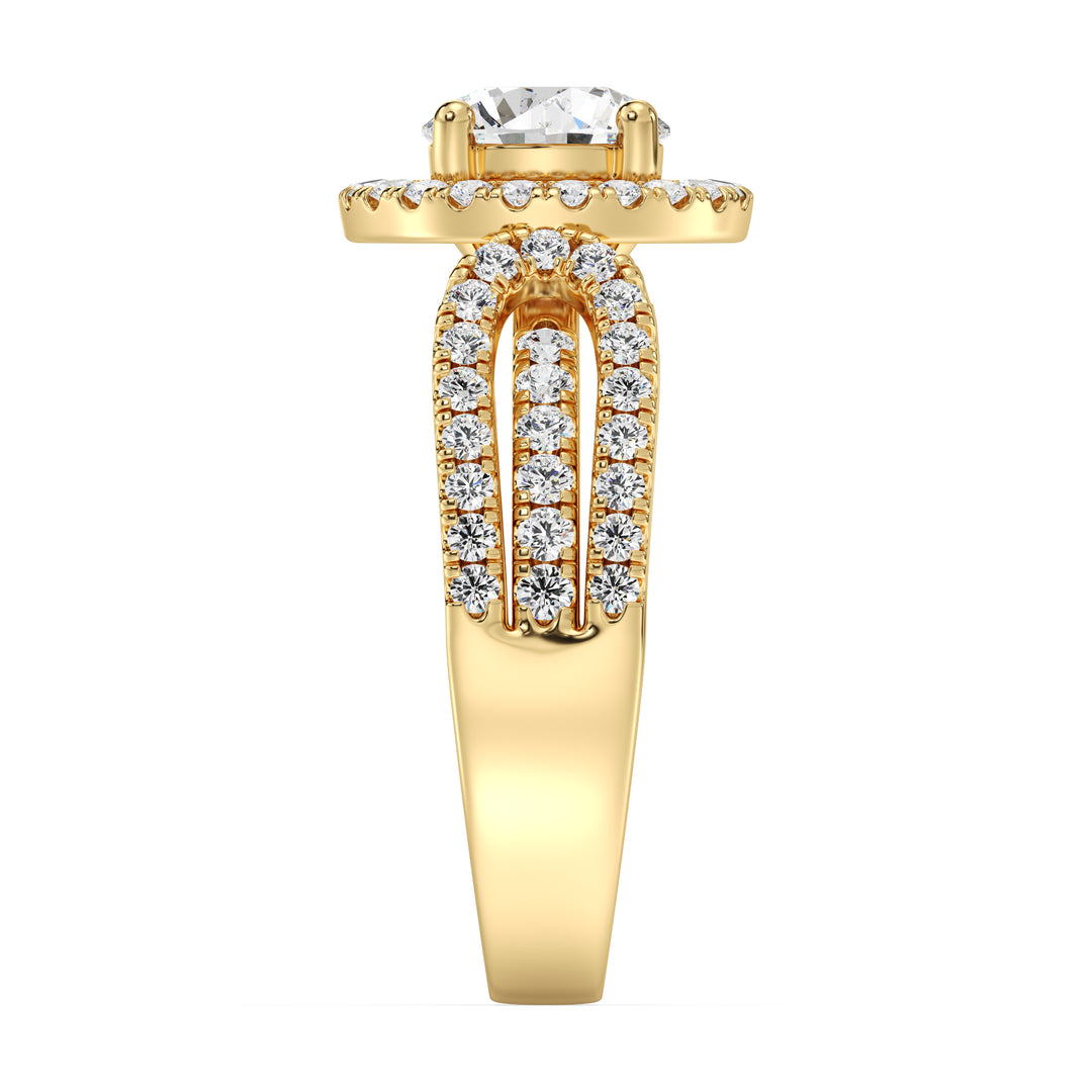 Round Brilliant Diamond Halo Ring with Split Shank Design in 18K Yellow Gold