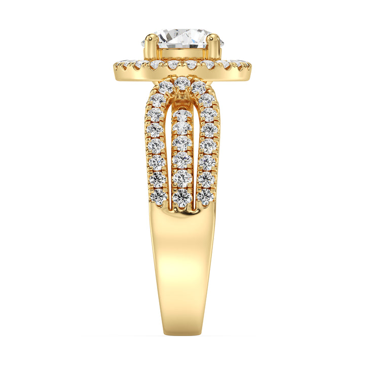Round Brilliant Diamond Halo Ring with Split Shank Design in 18K Yellow Gold