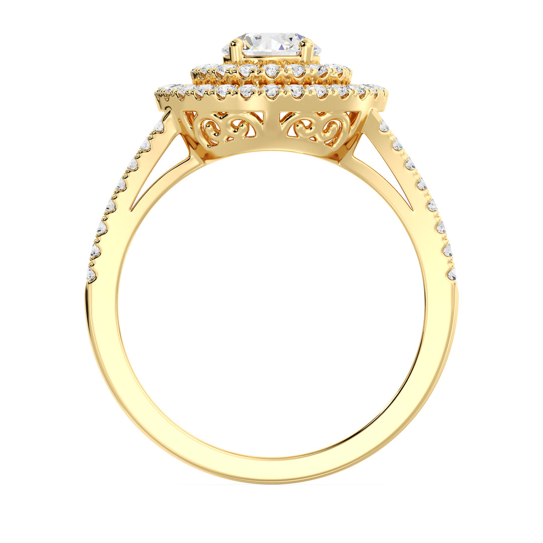 Round Brilliant Diamond Ring with Double Halo and Split Shank in 18K Yellow Gold
