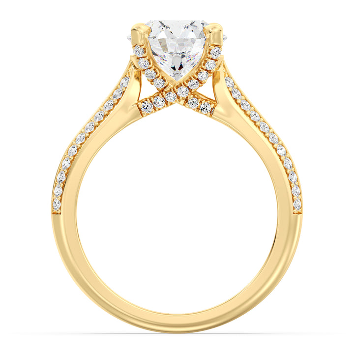 Round Brilliant Diamond Ring with Halo and Pavé Accents in Yellow Gold
