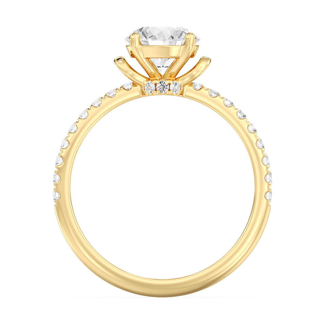 Round Brilliant Diamond Ring with Pavé Set Band in 18K Yellow Gold