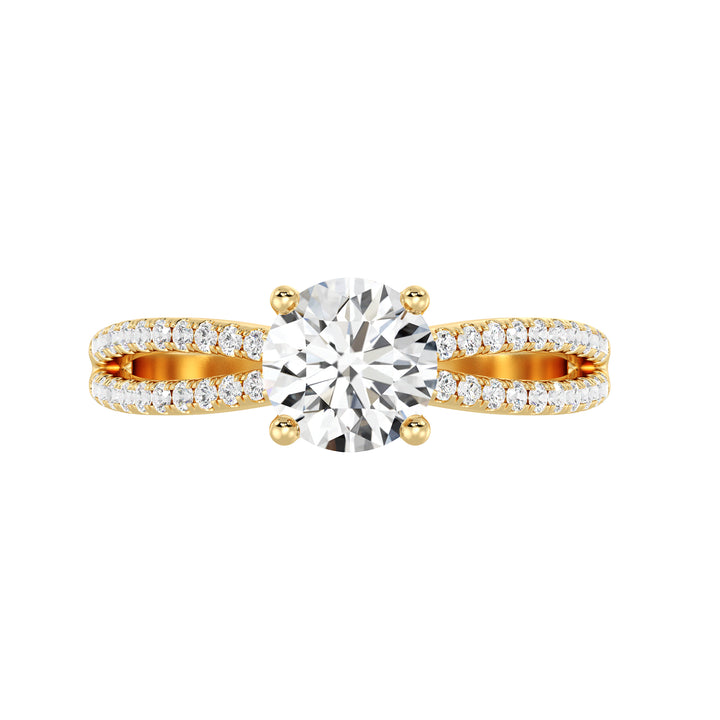 Round Brilliant Diamond Ring with Pavé Split Shank Design in 18K Yellow Gold