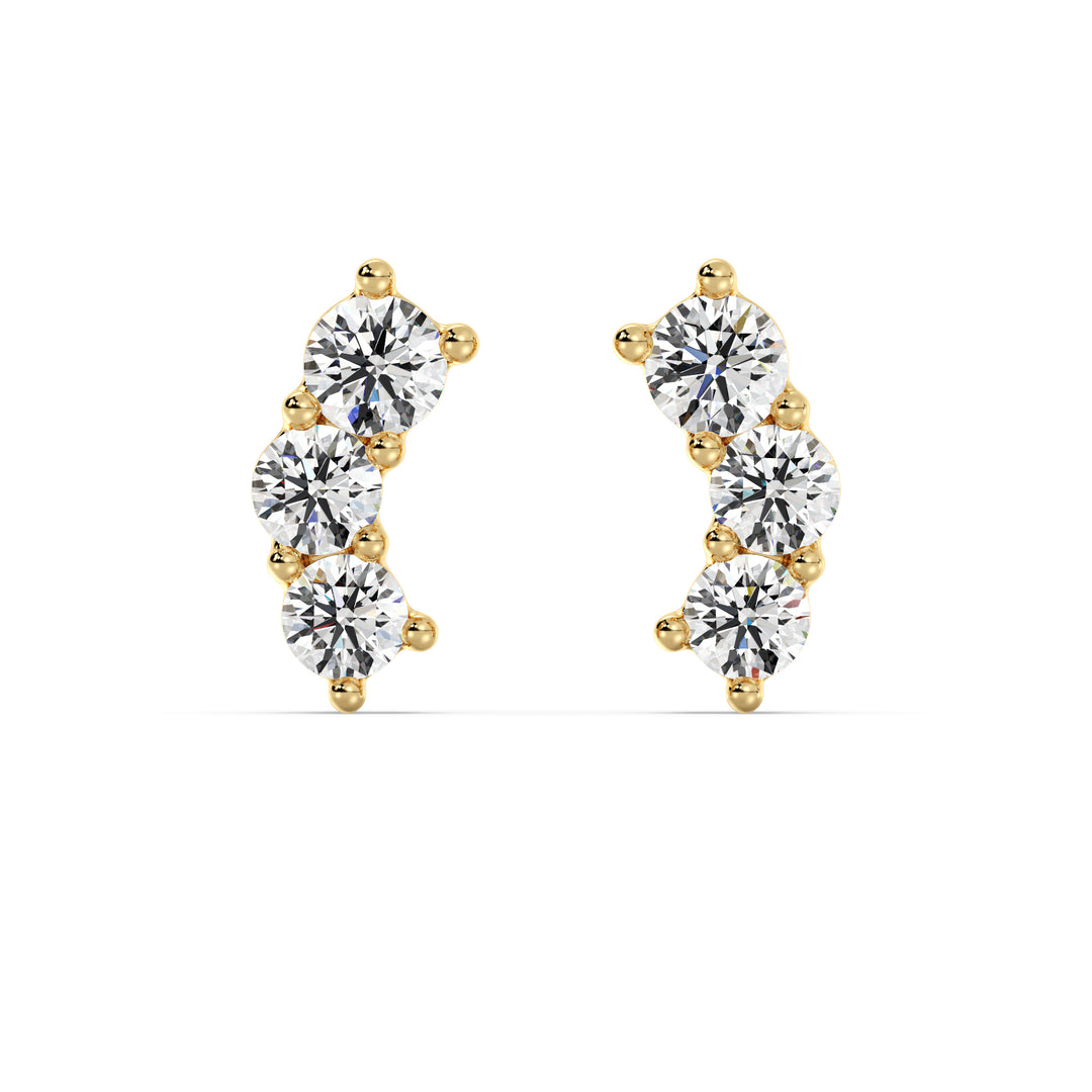 Round Brilliant Lab Grown Diamond Curved Three Stone Stud Earrings in 18K Yellow Gold