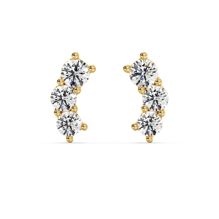 Round Brilliant Lab Grown Diamond Curved Three Stone Stud Earrings in 18K Yellow Gold
