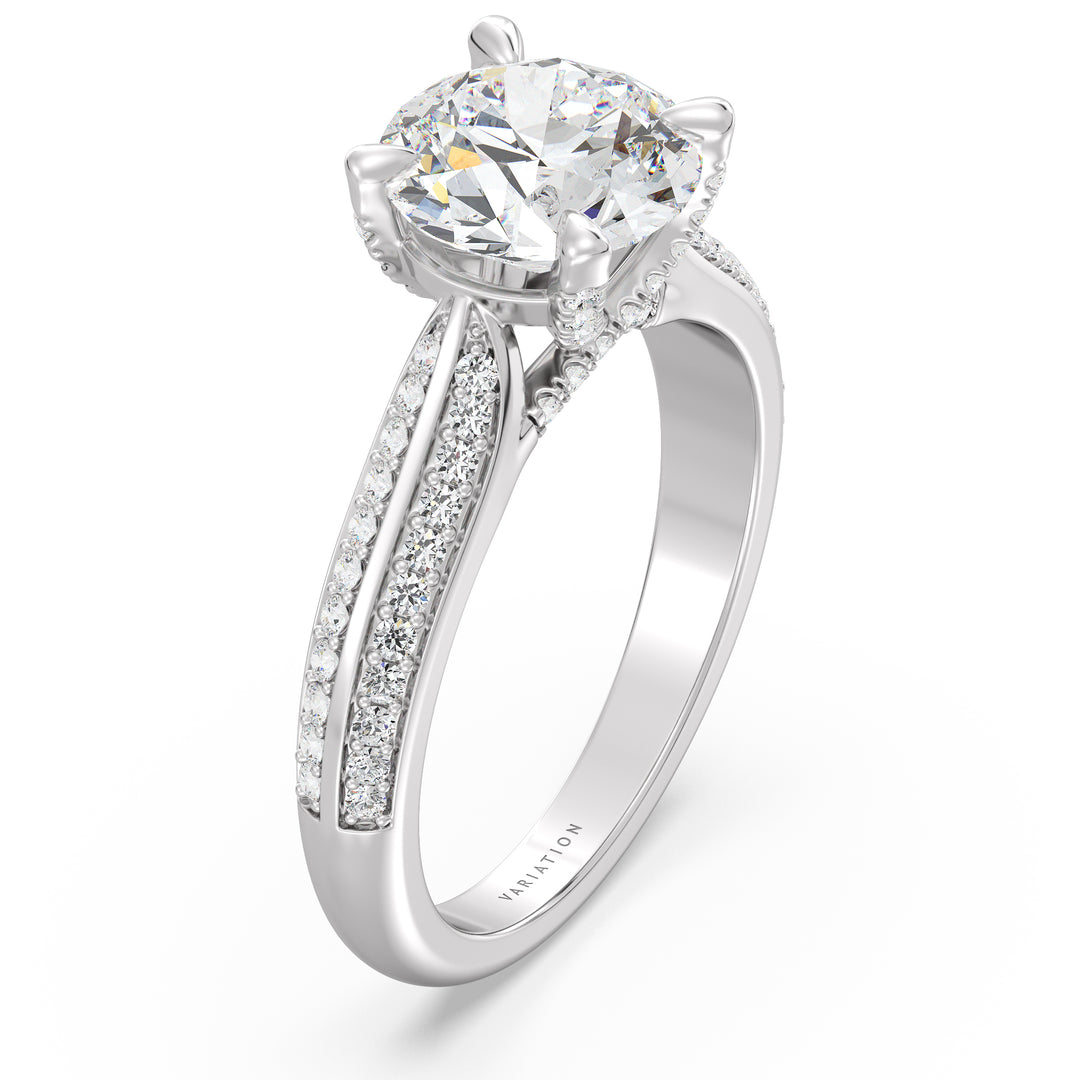 Round Brilliant Cut Lab Grown Diamond Halo Engagement Ring with Pavé Band in 18K White Gold