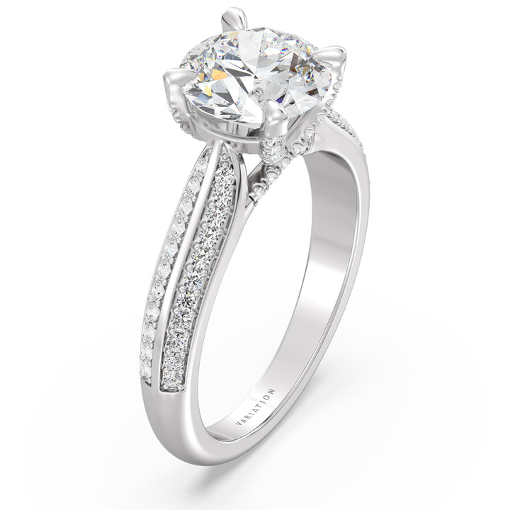 Round Brilliant Cut Lab Grown Diamond Halo Engagement Ring with Pavé Band in 18K White Gold