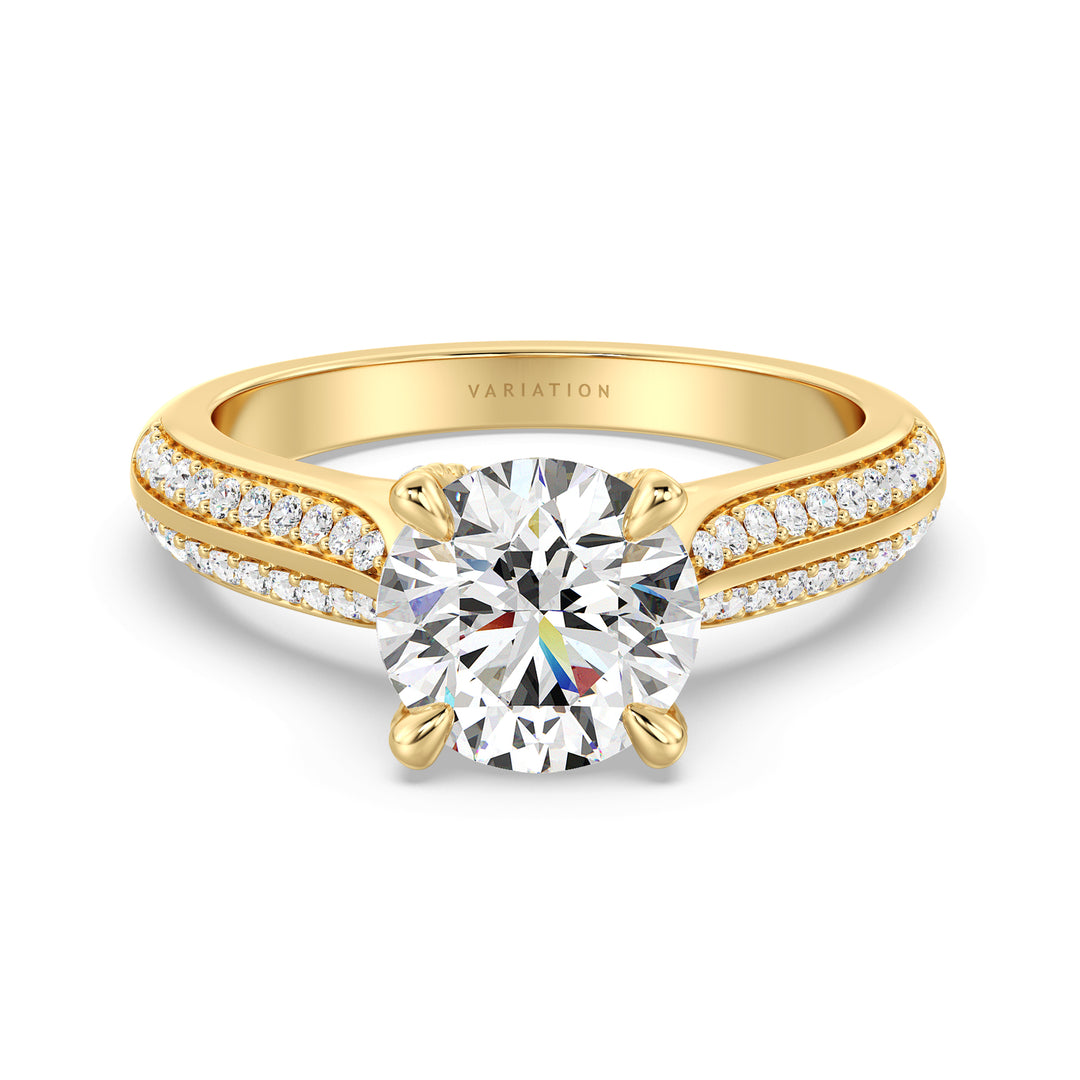 Round Brilliant Cut Lab Grown Diamond Halo Engagement Ring with Pavé Band in 18K Yellow Gold