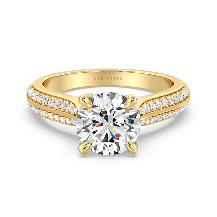 Round Brilliant Cut Lab Grown Diamond Halo Engagement Ring with Pavé Band in 18K Yellow Gold