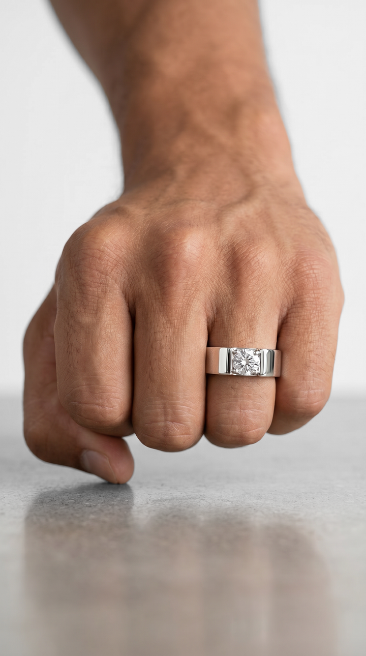 Round Brilliant Lab Grown Diamond Platinum Signet Ring with Elevated Four Prong Setting