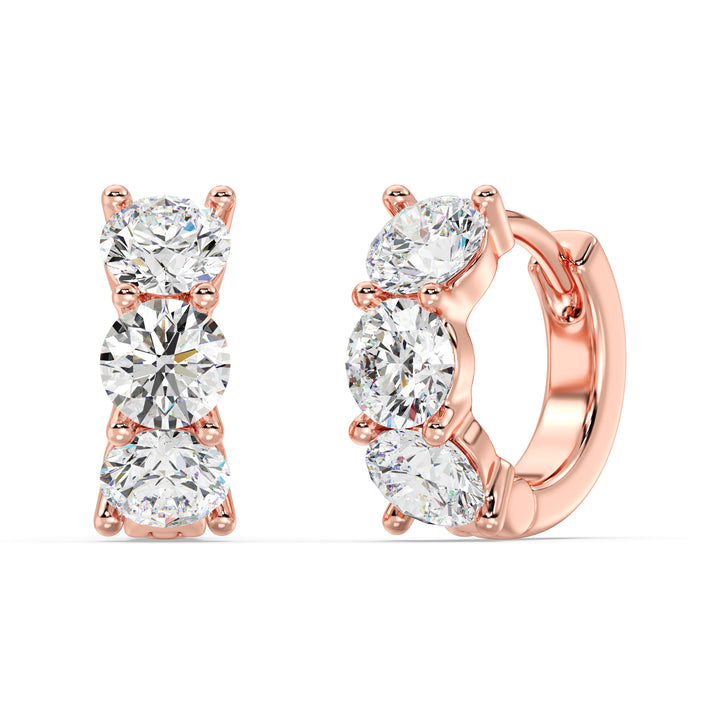 Round Cut Lab Grown Diamond 3 Stone Classic Huggie Earrings in 18K Rose Gold