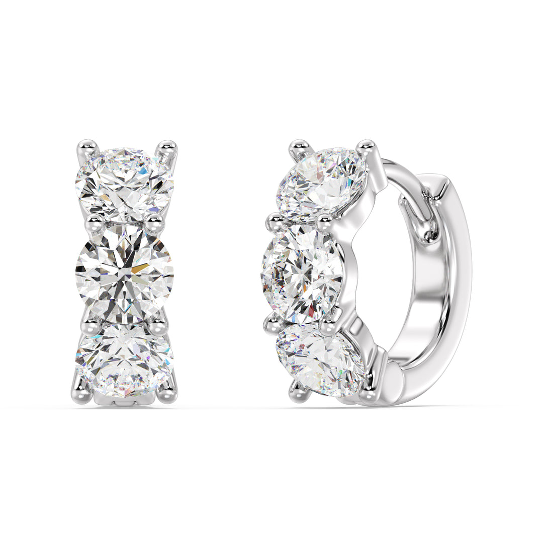 Round Cut Lab Grown Diamond 3 Stone Classic Huggie Earrings in 18K White Gold