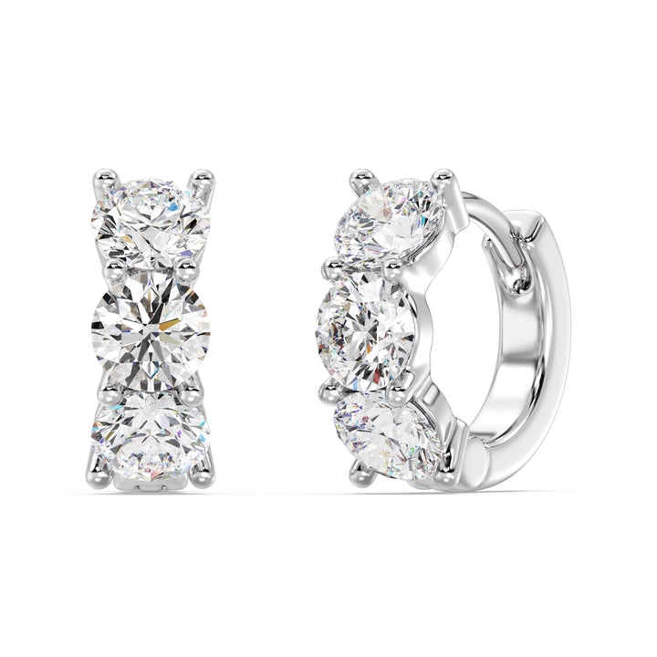 Round Cut Lab Grown Diamond 3 Stone Classic Huggie Earrings in 18K White Gold