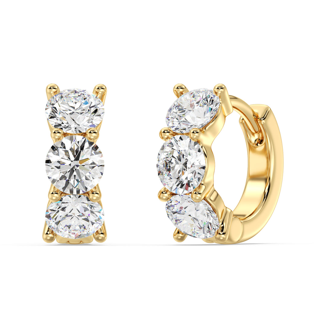Round Cut Lab Grown Diamond 3 Stone Classic Huggie Earrings in 18K Yellow Gold