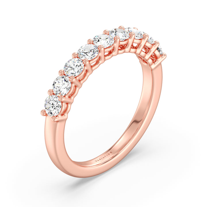 Round cut lab grown diamond 9 stone wedding band in 18K rose gold featuring nine SGL certified diamonds with exceptional brilliance.
