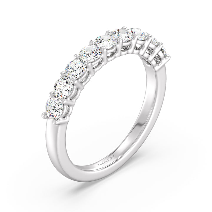 Round cut lab grown diamond 9 stone wedding band in 18K white gold showcasing nine sparkling SGL certified diamonds in a timeless design.