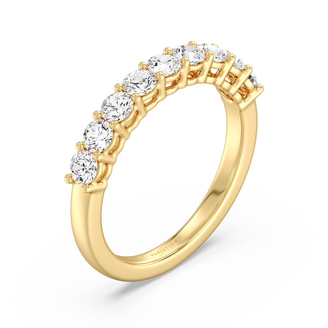 Round cut lab grown diamond 9 stone wedding band in 18K yellow gold featuring nine SGL certified diamonds totaling 0.90 carat.