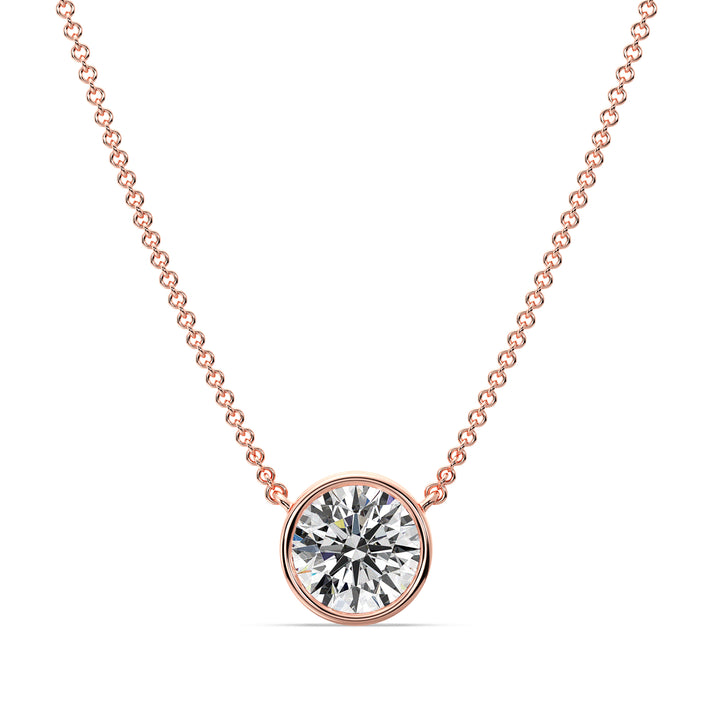 Round Cut Lab Grown Diamond Bezel Set Solitaire Pendant Necklace in 18K Rose Gold